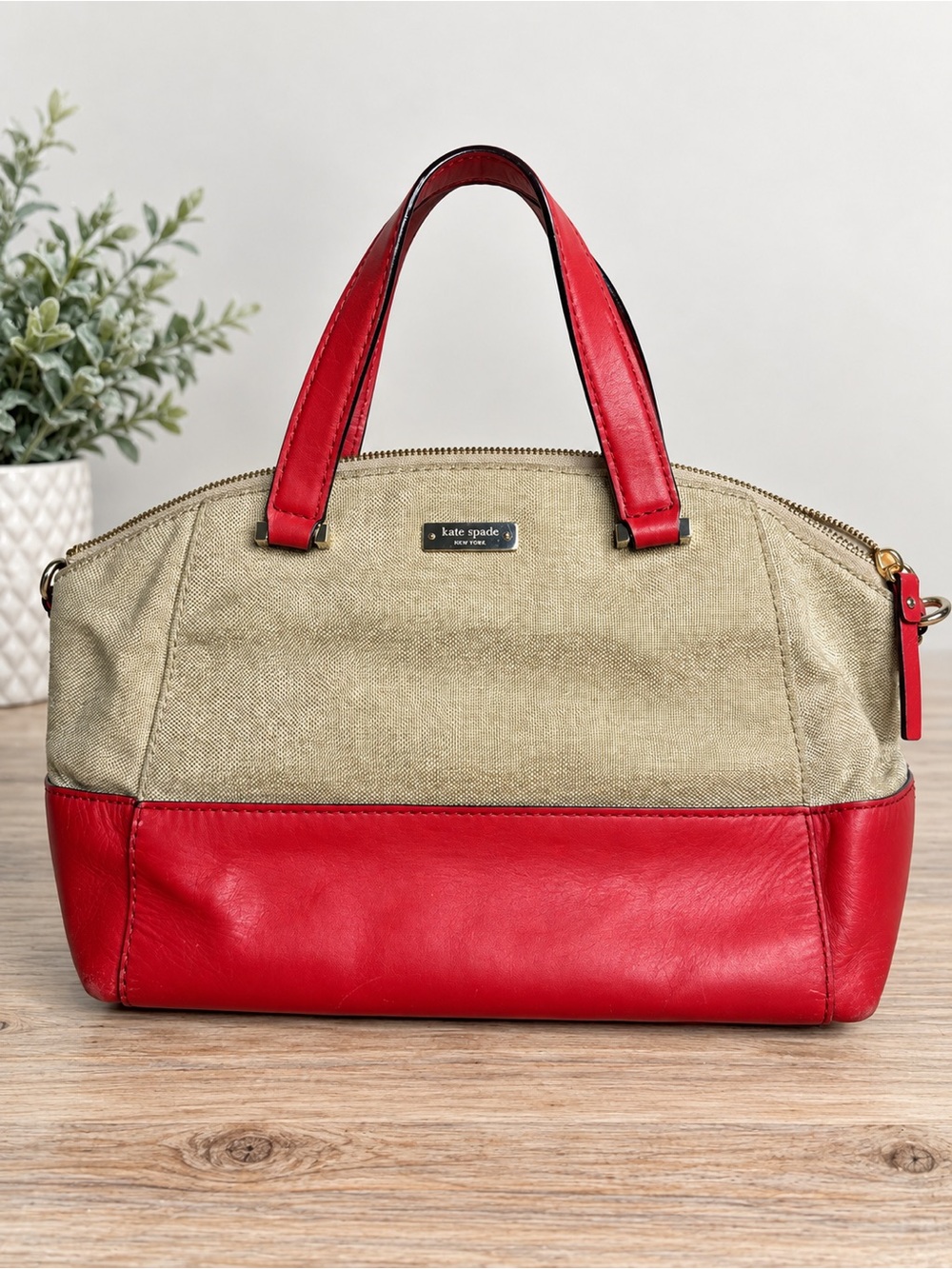 Kate Spade Storybook Charlotte Street Sloan Satchel Beige Canvas Red Leather